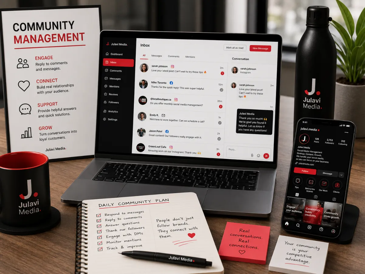 Laptop and phone showing a Community Management inbox with comments, direct messages and mentions from followers