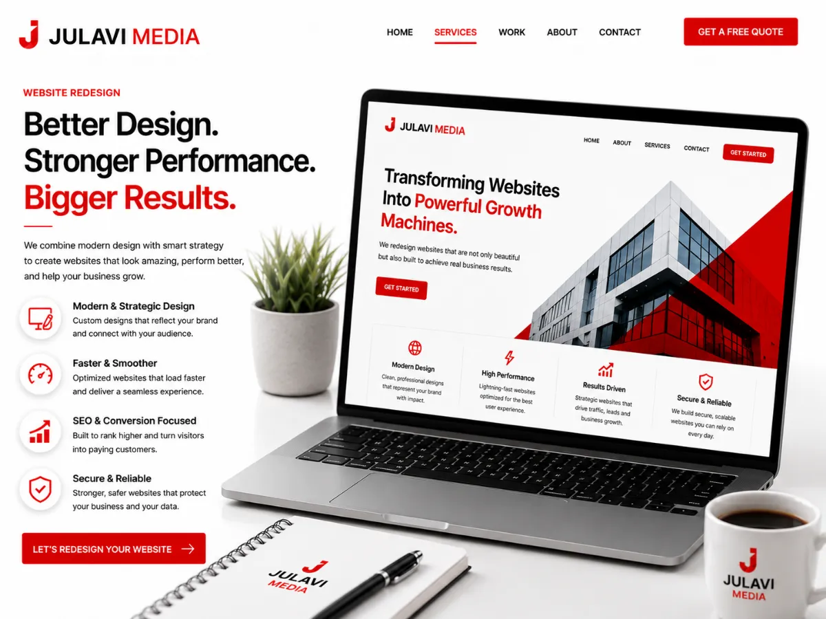 Laptop showing a modern website homepage with Modern Design, High Performance, Results Driven and Secure & Reliable feature badges