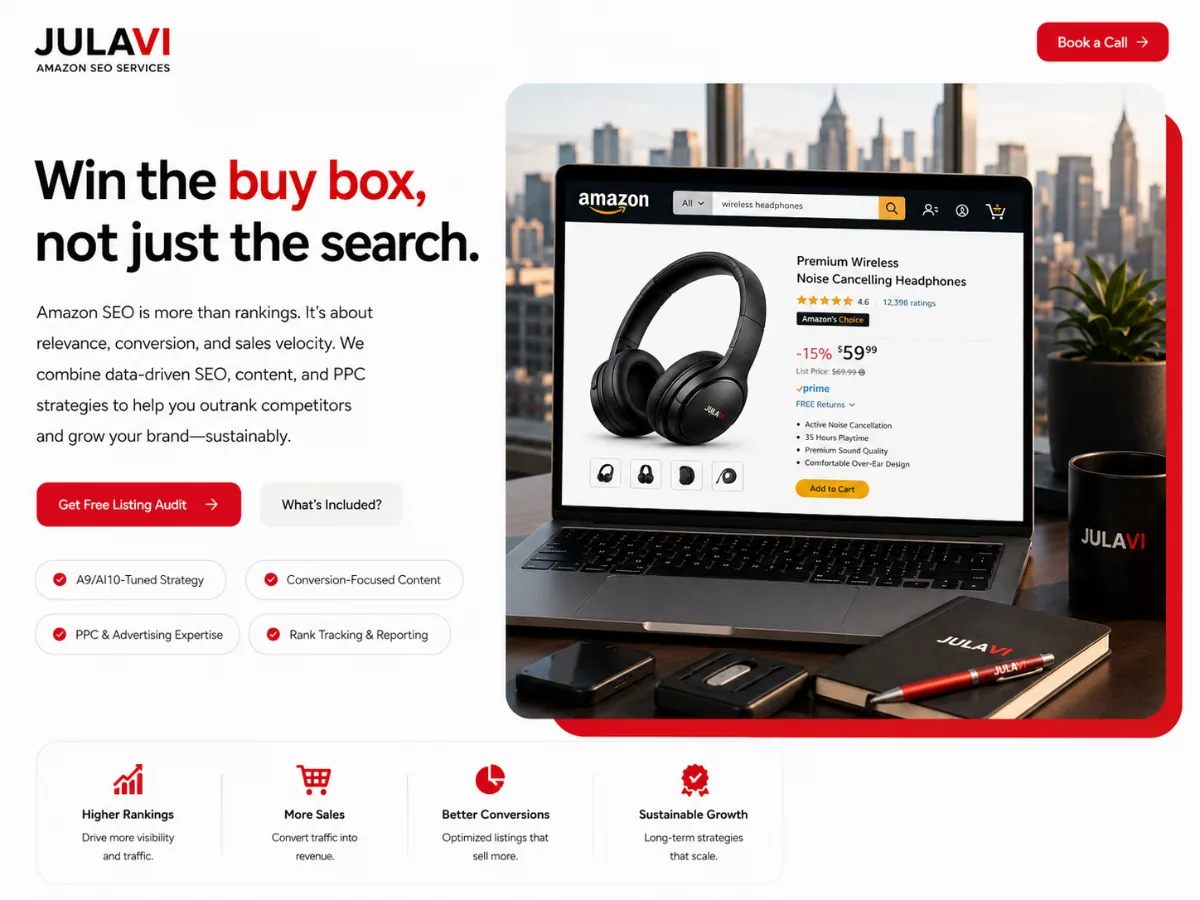 Amazon product listing showing search ranking, ratings and buy box placement