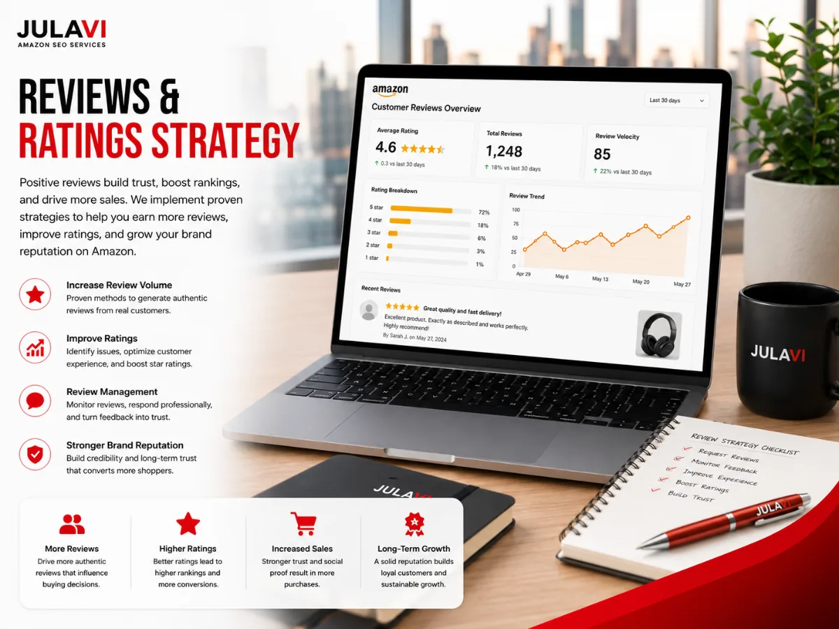 Amazon seller dashboard showing customer review ratings and review trend over time