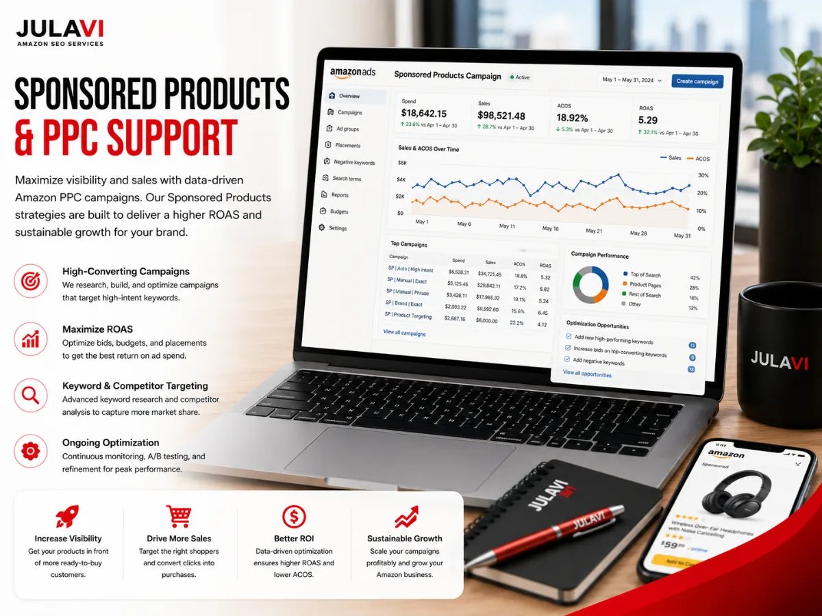 Amazon Ads dashboard showing Sponsored Products campaign spend, sales and ROAS