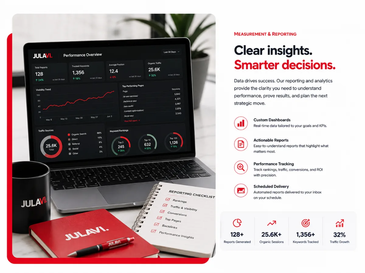 Marketing reporting dashboard showing tracked keywords, organic sessions and traffic growth
