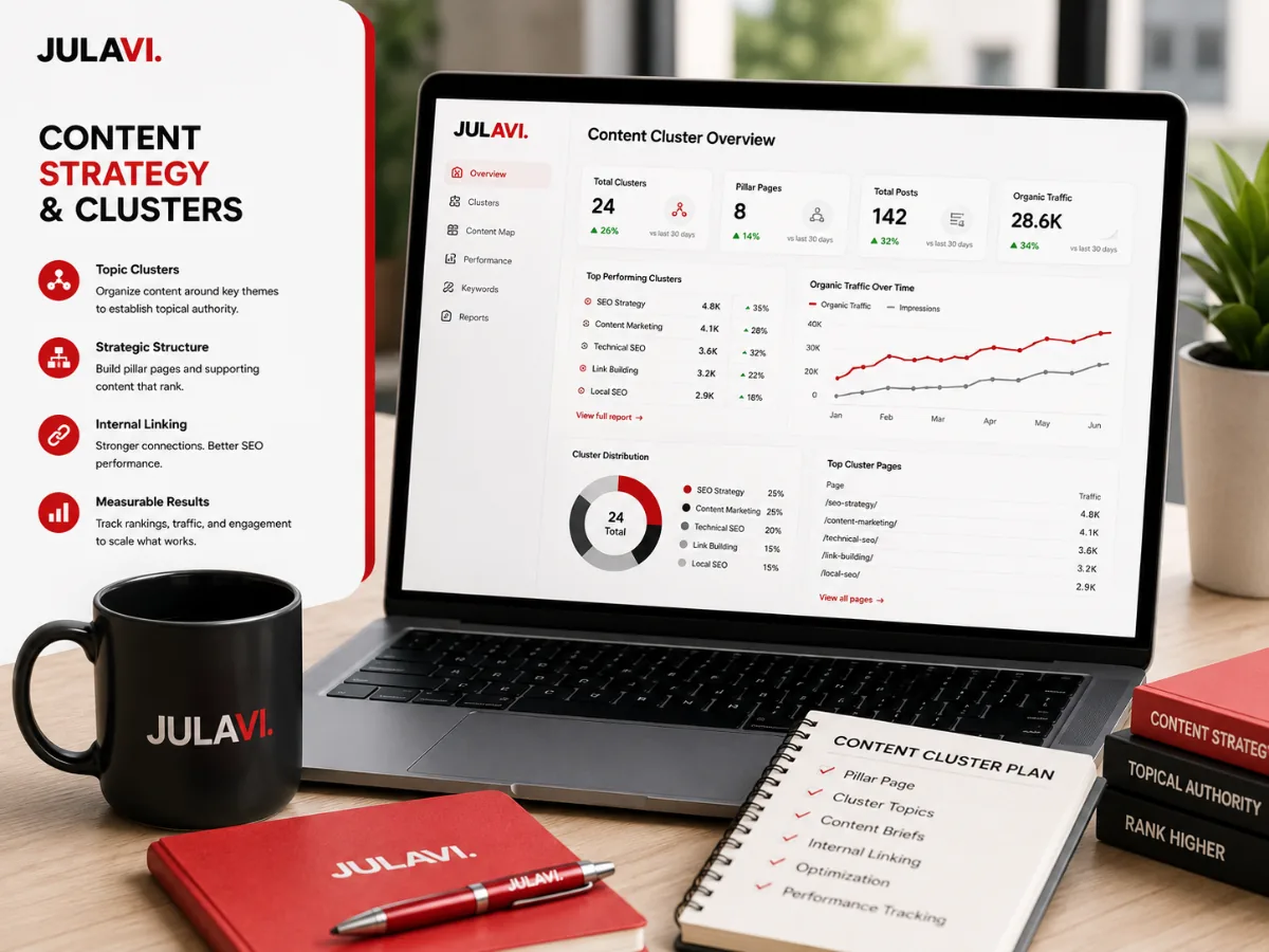 Content cluster dashboard showing pillar pages, topic clusters and organic traffic growth