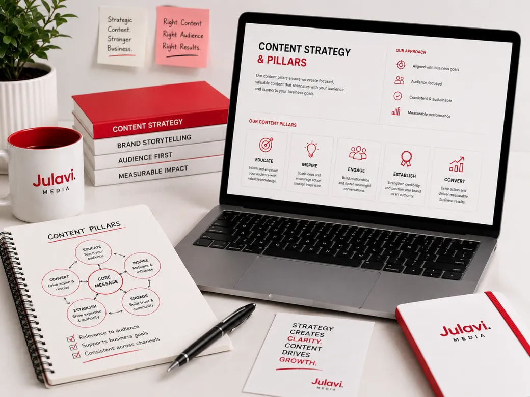 Laptop showing a Content Strategy & Pillars dashboard with five content pillars: Educate, Inspire, Engage, Establish and Convert