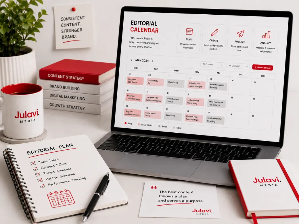 Laptop showing an Editorial Calendar with a monthly content schedule across blog, social media and email channels