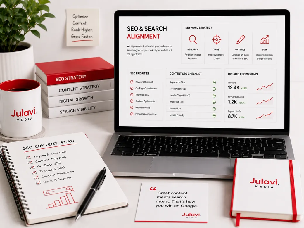 Laptop showing an SEO & Search Alignment dashboard with keyword strategy, content SEO checklist and organic performance metrics