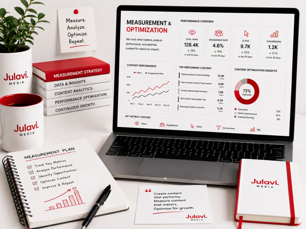Laptop showing a Measurement & Optimization dashboard with performance overview, content performance chart and optimization insights