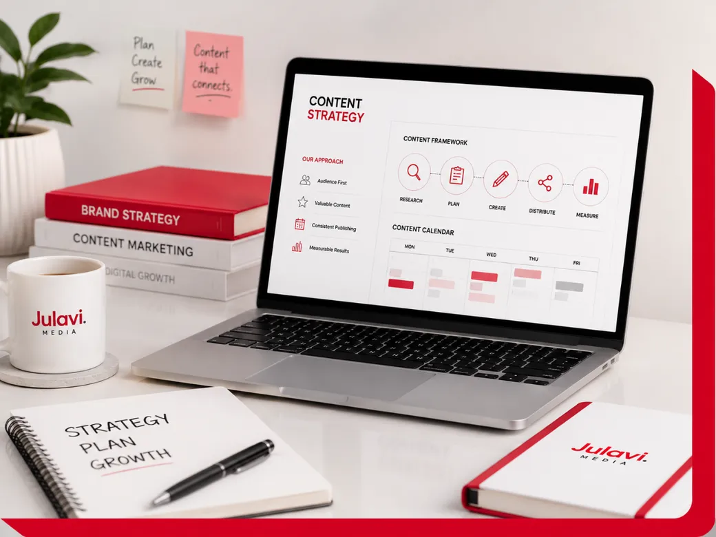 Laptop showing a Content Strategy framework with Research, Plan, Create, Distribute and Measure steps, alongside a content calendar and strategy notebooks