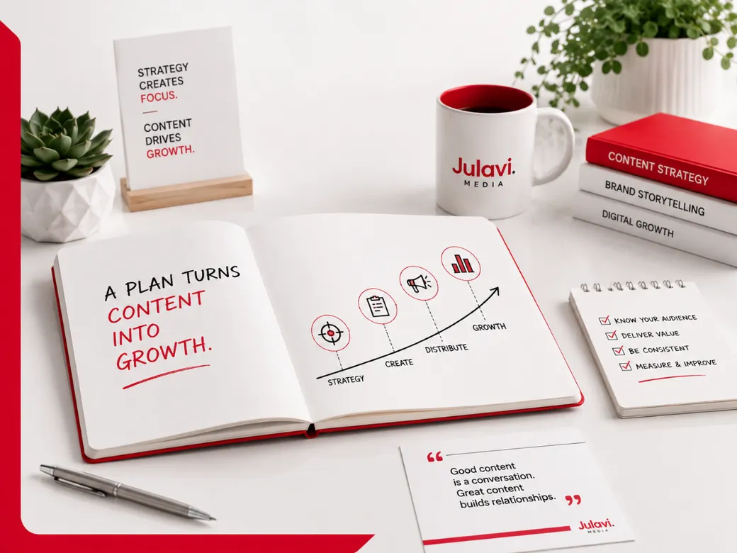 Open notebook reading A Plan Turns Content Into Growth with a strategy-create-distribute-growth diagram