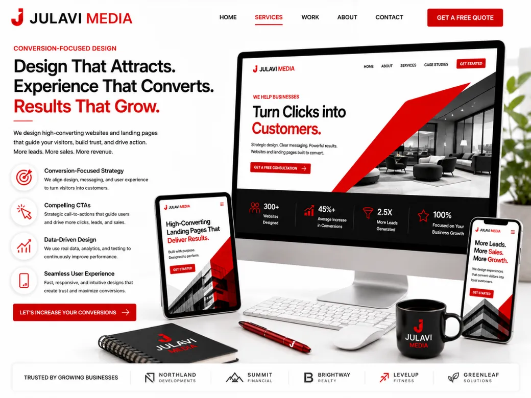 Desktop, tablet and phone mockup of a conversion-focused website homepage with compelling CTAs and data-driven design callouts