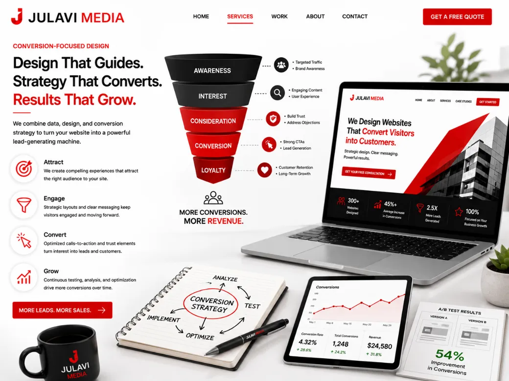 Landing page funnel diagram showing Awareness, Interest, Consideration, Conversion and Loyalty stages
