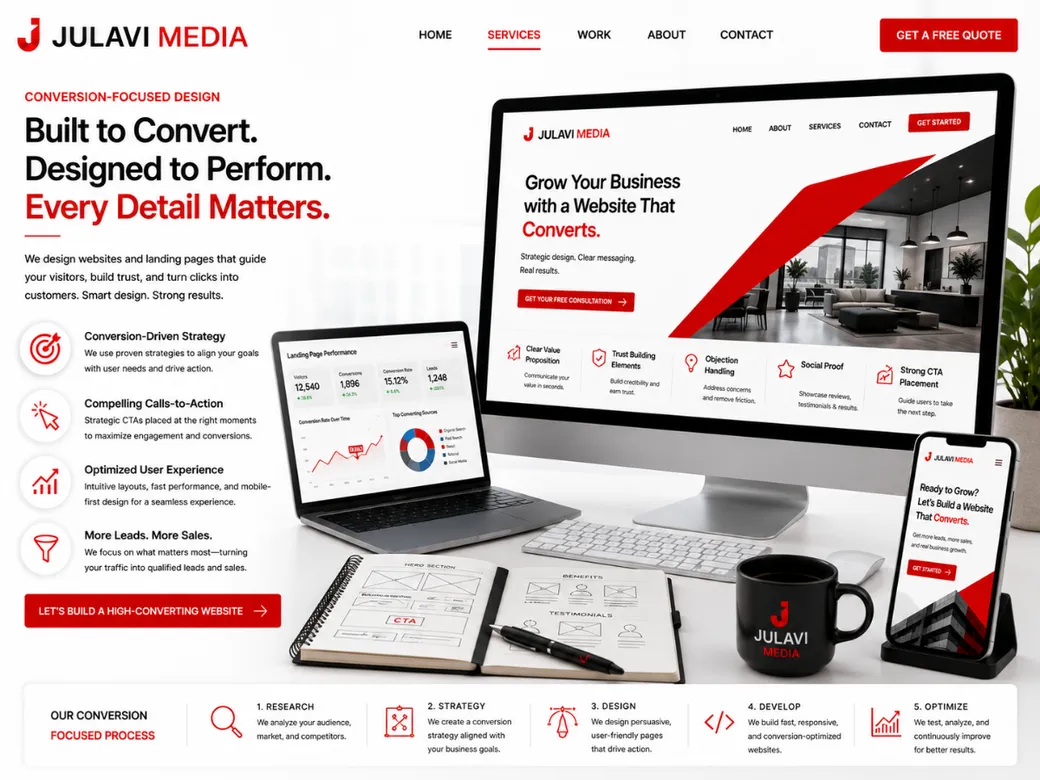 Laptop, tablet and phone showing a website design agency homepage with a conversion-focused process: Research, Strategy, Design, Develop, Optimize