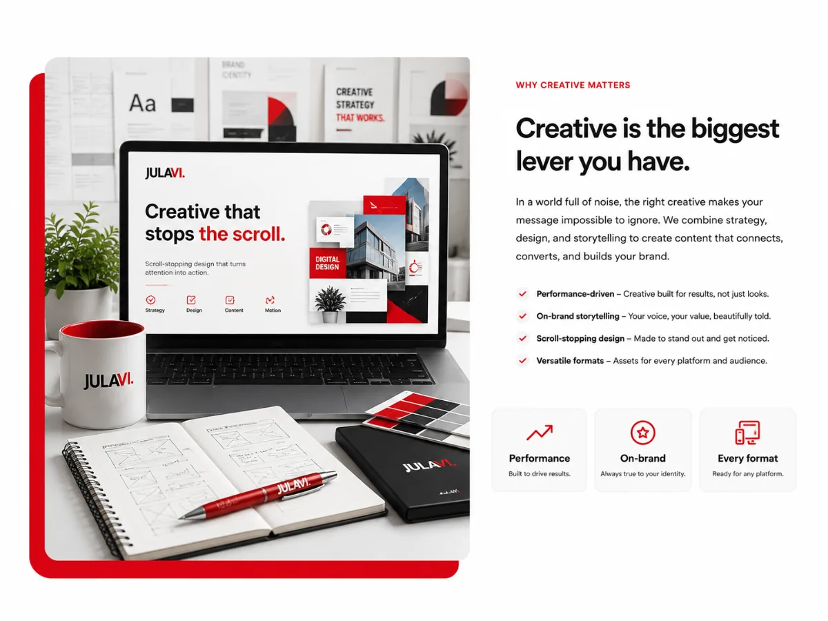 Brand creative moodboard showing layout concepts, color palette and typography