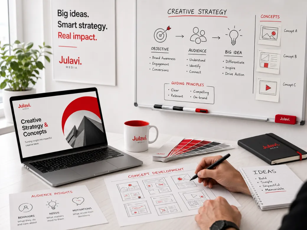 Laptop displaying a Creative Strategy and Concepts presentation next to a whiteboard mapping objective, audience and big idea, with a designer sketching concept boards