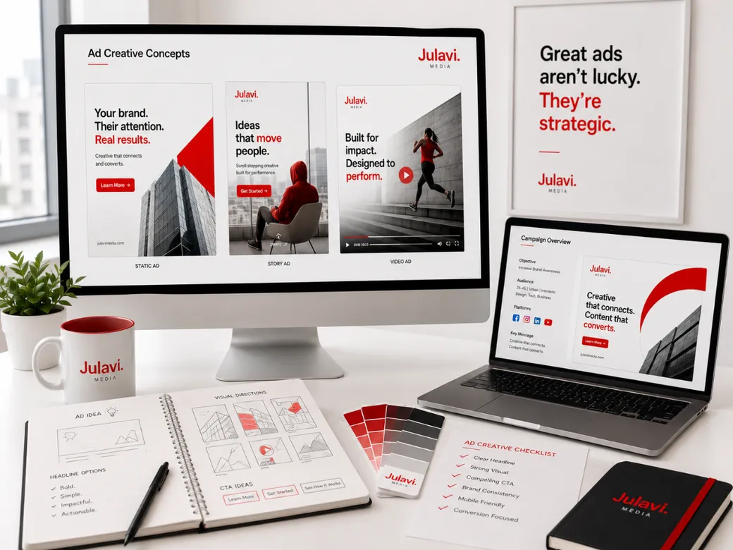Monitor and laptop showing Ad Creative Concepts for static, story and video ad formats alongside a notebook with ad idea sketches and a creative checklist
