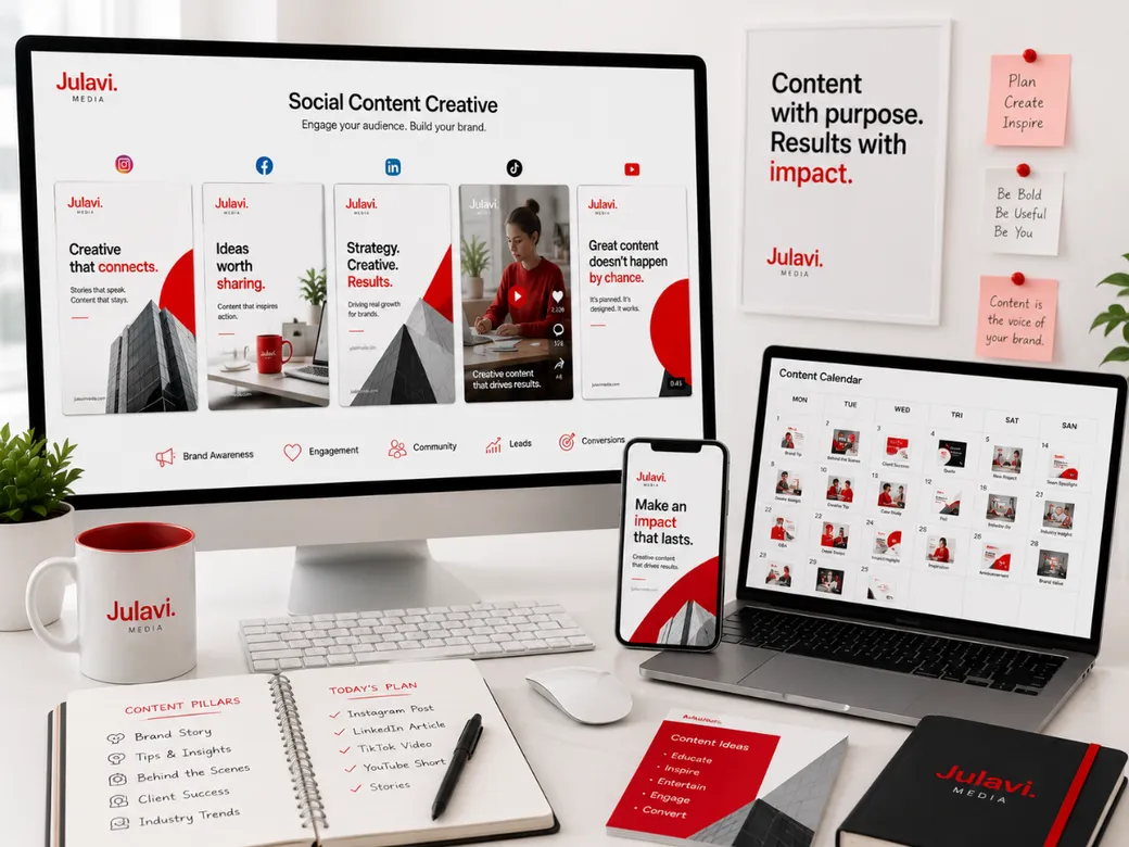 Monitor, phone and laptop displaying a Social Content Creative plan with Instagram, Facebook, LinkedIn, TikTok and YouTube post templates and a content calendar