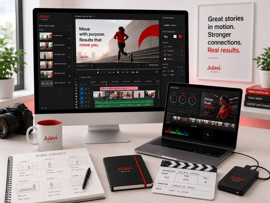 Video editing timeline on a monitor showing a running athlete ad cut alongside a laptop with color grading tools, a camera, clapperboard and storyboard notebook
