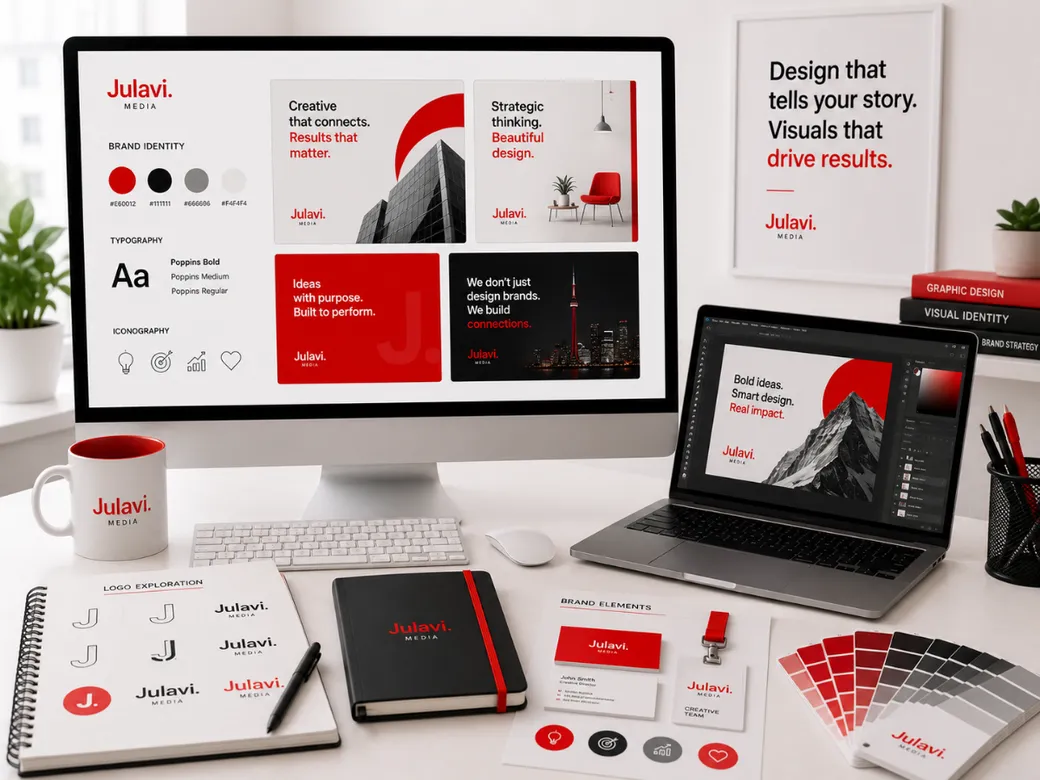 Monitor and laptop showing brand identity graphic design work in Photoshop, including logo exploration, color palette and typography for Julavi Media
