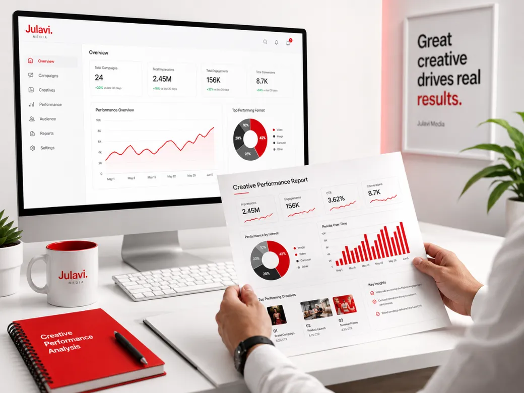 Monitor showing a creative performance analytics dashboard with impressions, engagement and conversion charts, next to a printed creative performance report