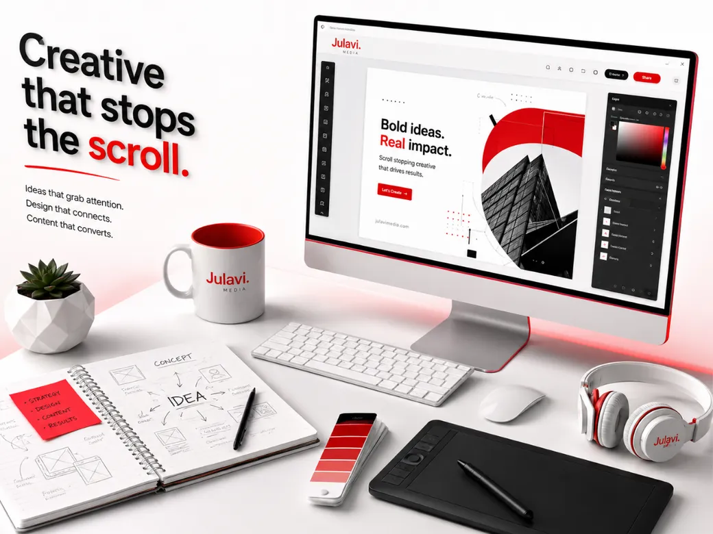 Desktop screen with a bold red and black 'Creative that stops the scroll' design layout next to a notebook and headphones on a creative workspace desk