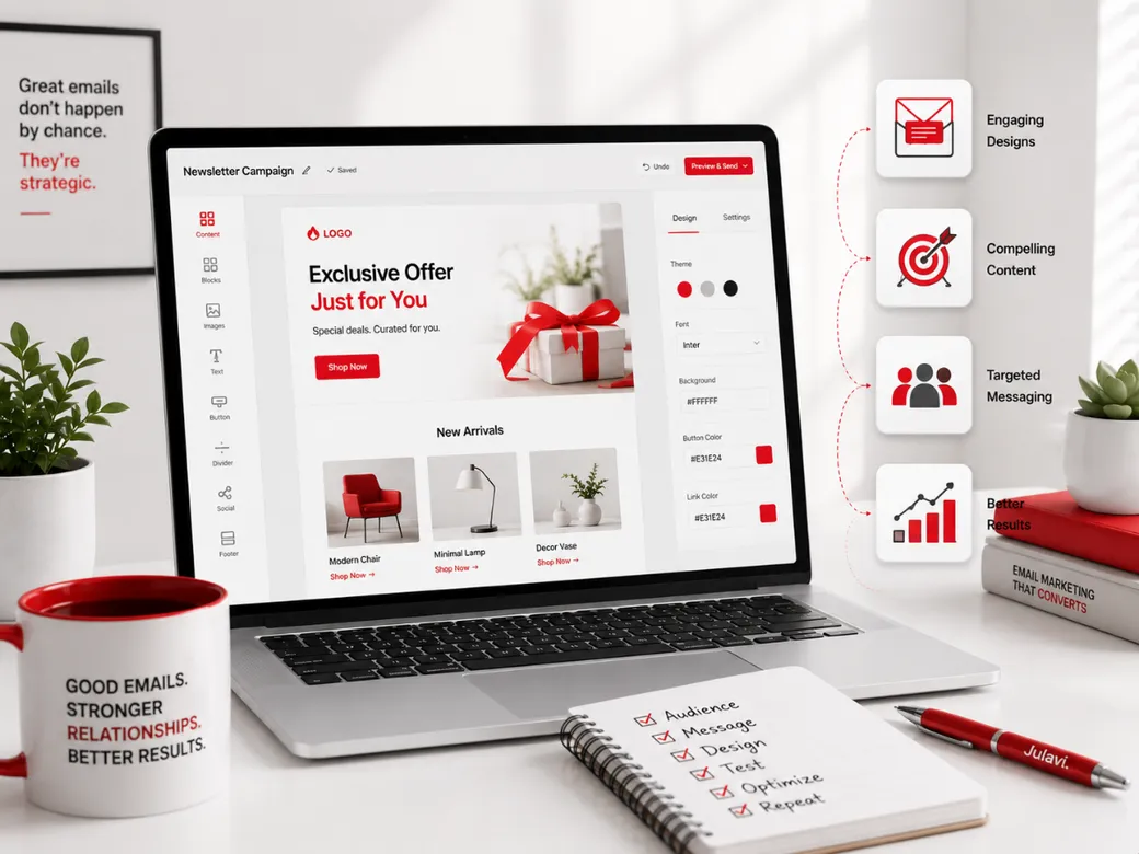 Laptop showing a newsletter campaign builder with an exclusive offer email design and product blocks
