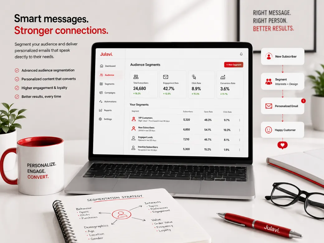 Laptop showing an Audience Segments dashboard with VIP customers, new subscribers and engaged leads segments