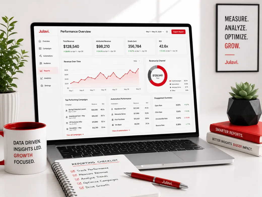 Laptop showing a Performance Overview dashboard with total revenue, ROI, revenue over time and top performing campaigns
