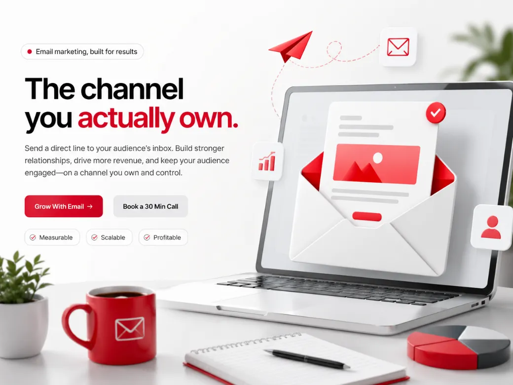 Laptop showing an email inside an open envelope illustration with a paper airplane, representing owning your email channel