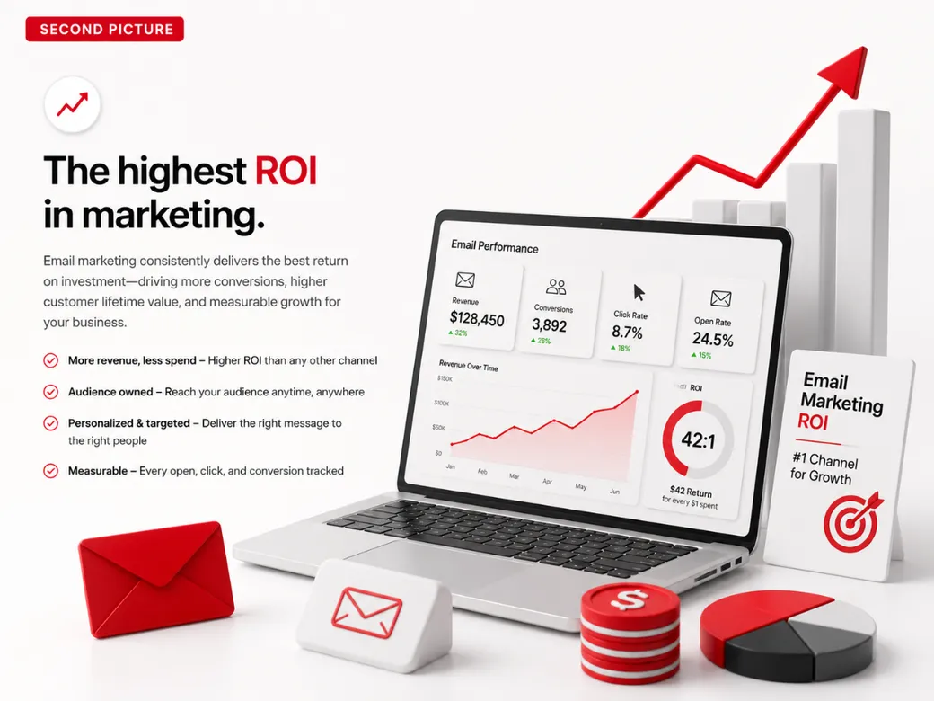Laptop showing an Email Performance dashboard with revenue, conversions, click rate and a 42:1 ROI meter