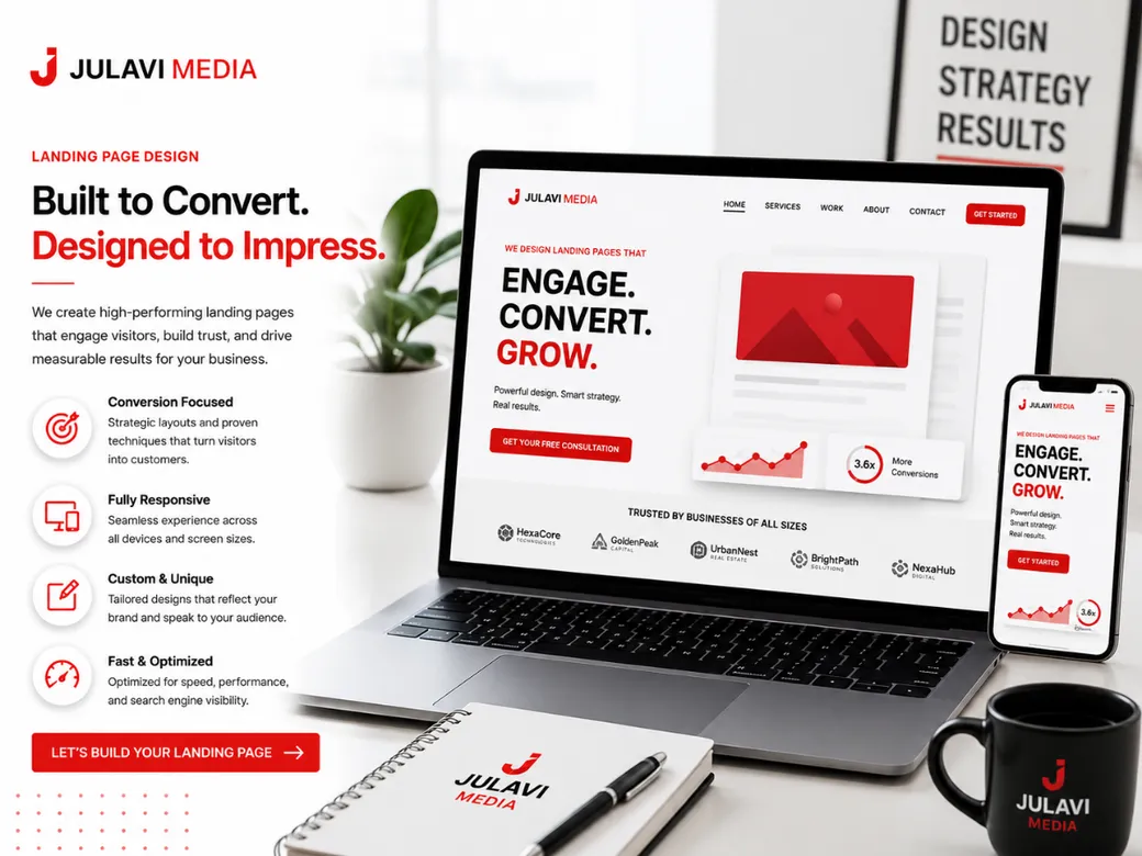 Laptop and phone mockup of a corporate landing page design reading 'Built to Convert. Designed to Impress.' with a trusted-by-businesses logo strip below the fold