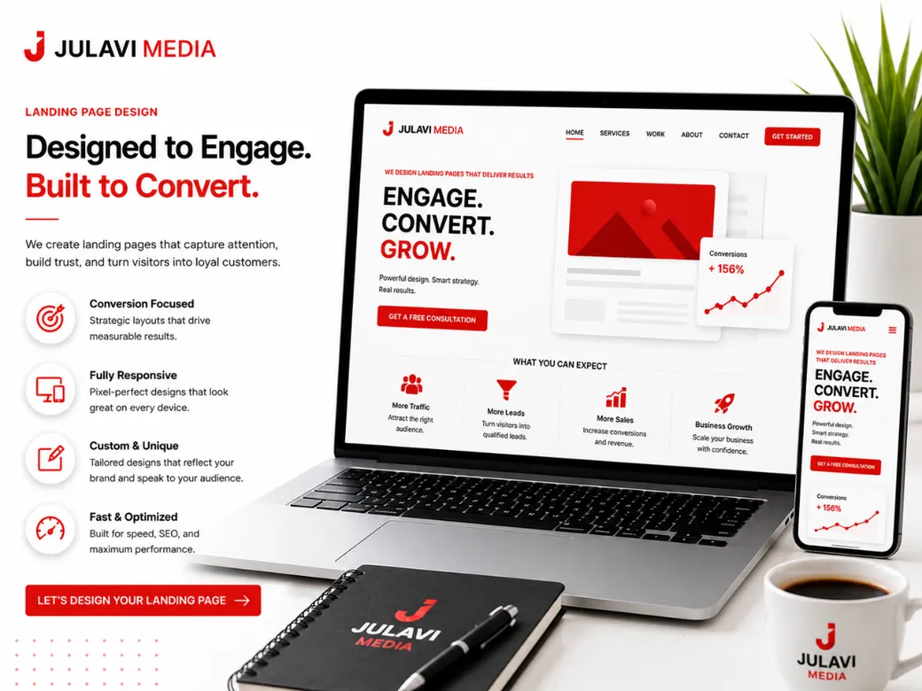 Laptop and phone mockup of a landing page with an Engage, Convert, Grow headline and a 'What You Can Expect' section showing traffic, leads, sales and growth icons