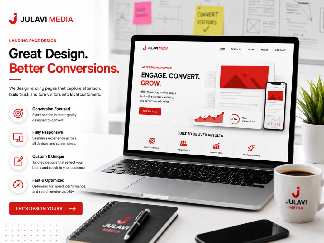 Laptop and phone mockup of a 'Great Design. Better Conversions.' landing page showing a rising conversions chart and a Built to Deliver Results icon row