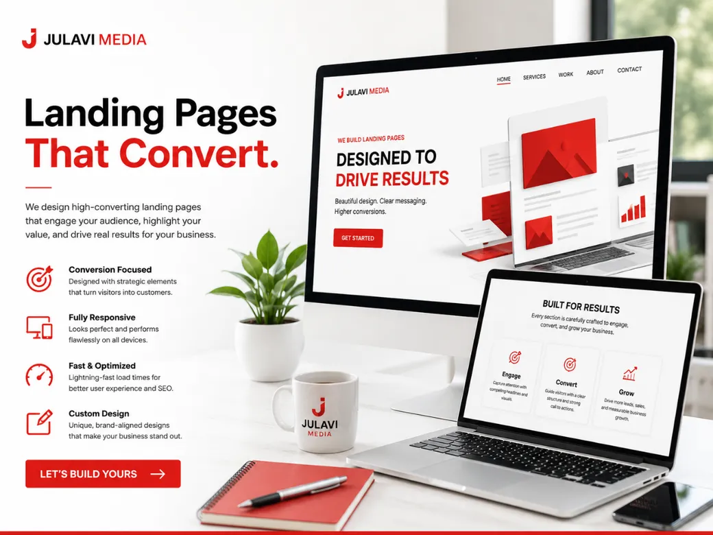 Laptop and phone mockup of a Julavi Media landing page headlined 'Landing Pages That Convert' with a get started call to action and results imagery