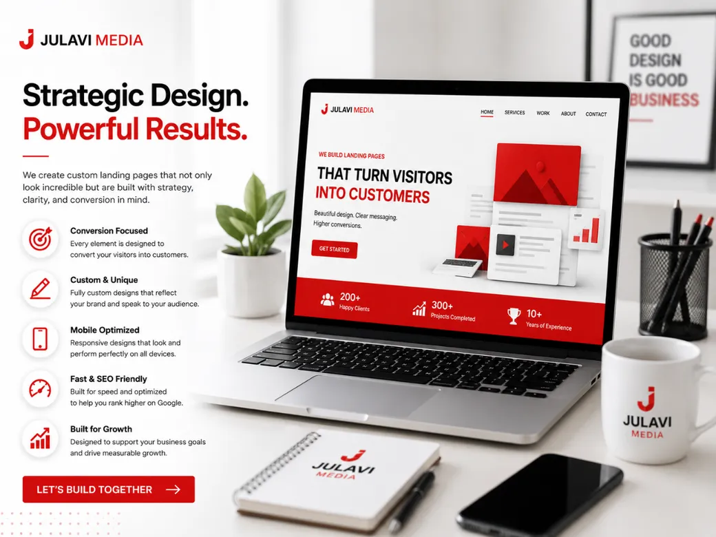 Laptop showing a 'Strategic Design. Powerful Results.' landing page with conversion-focused, custom, mobile-optimized and SEO-friendly feature list and client stats banner
