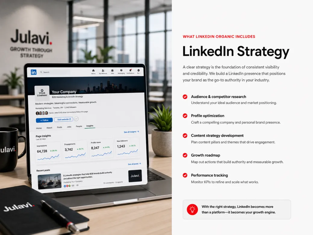 Laptop showing a LinkedIn company page with page insights next to on-screen text reading 'What LinkedIn Organic Includes: LinkedIn Strategy' listing audience research, profile optimization and content planning