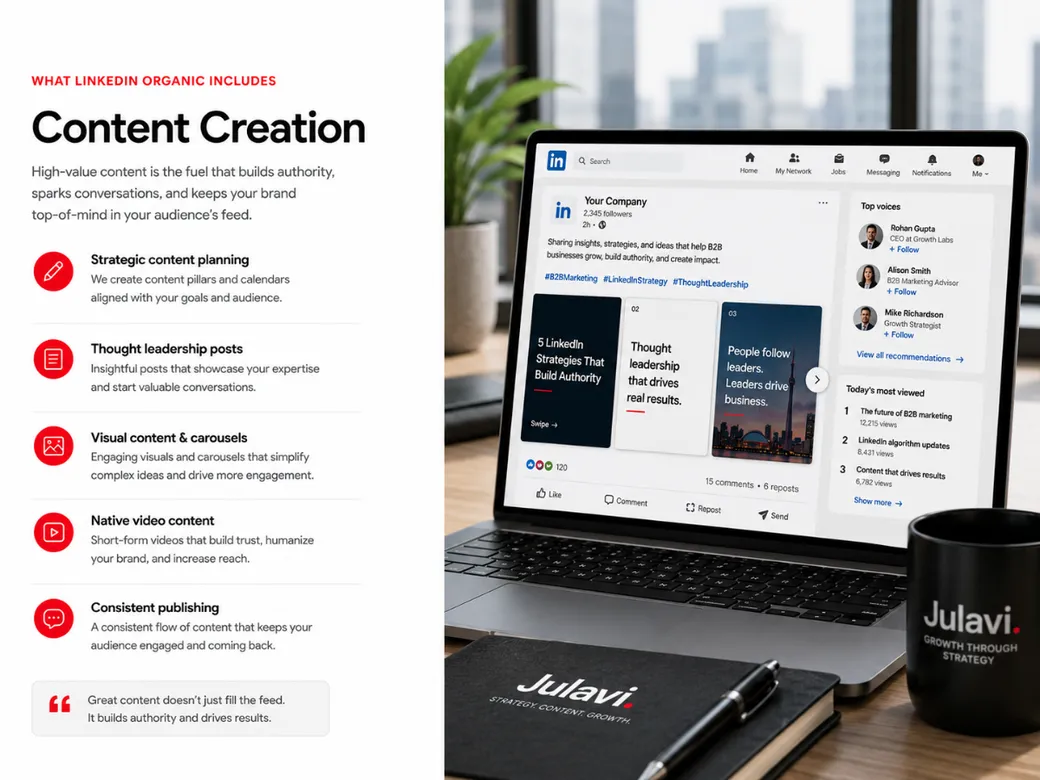 Laptop showing a LinkedIn content carousel post next to on-screen text reading 'What LinkedIn Organic Includes: Content Creation' listing content planning, thought leadership posts and native video