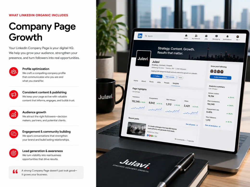Tablet showing a LinkedIn company page with page highlights and analytics next to on-screen text reading 'What LinkedIn Organic Includes: Company Page Growth' listing profile optimization and audience growth