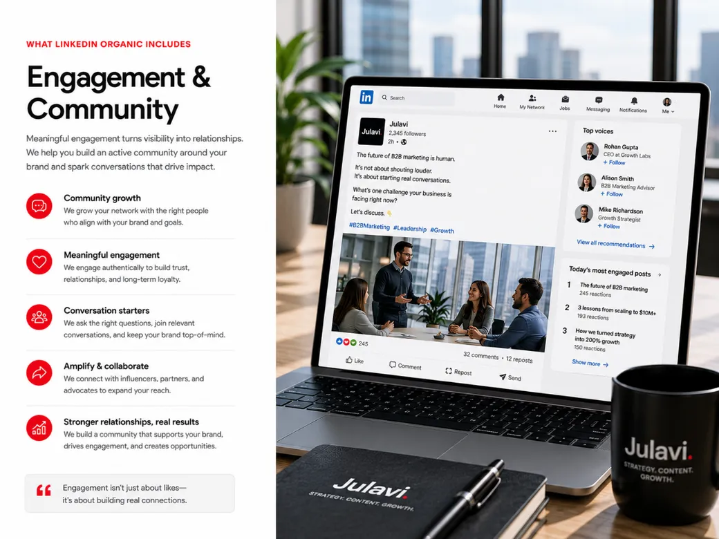 Laptop showing a LinkedIn post sparking comments in an office meeting next to on-screen text reading 'What LinkedIn Organic Includes: Engagement and Community' listing community growth and meaningful engagement