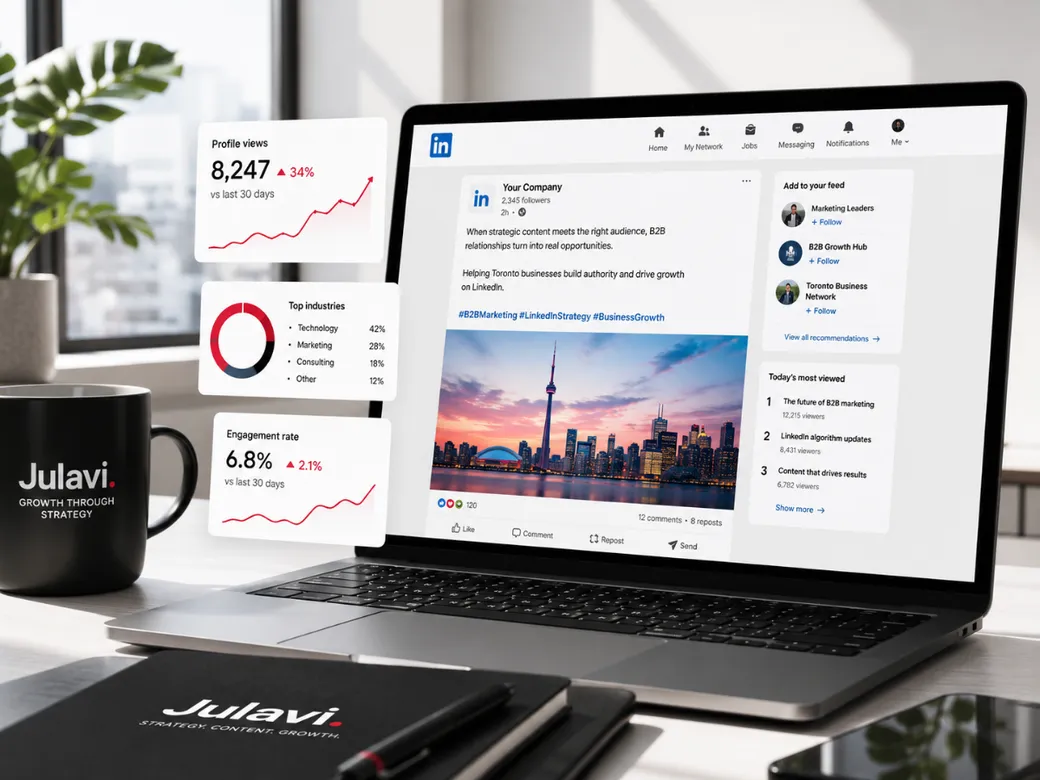 Laptop and phone in a modern office showing a LinkedIn company post about helping Toronto businesses build authority and drive growth, with floating profile views and engagement stat cards