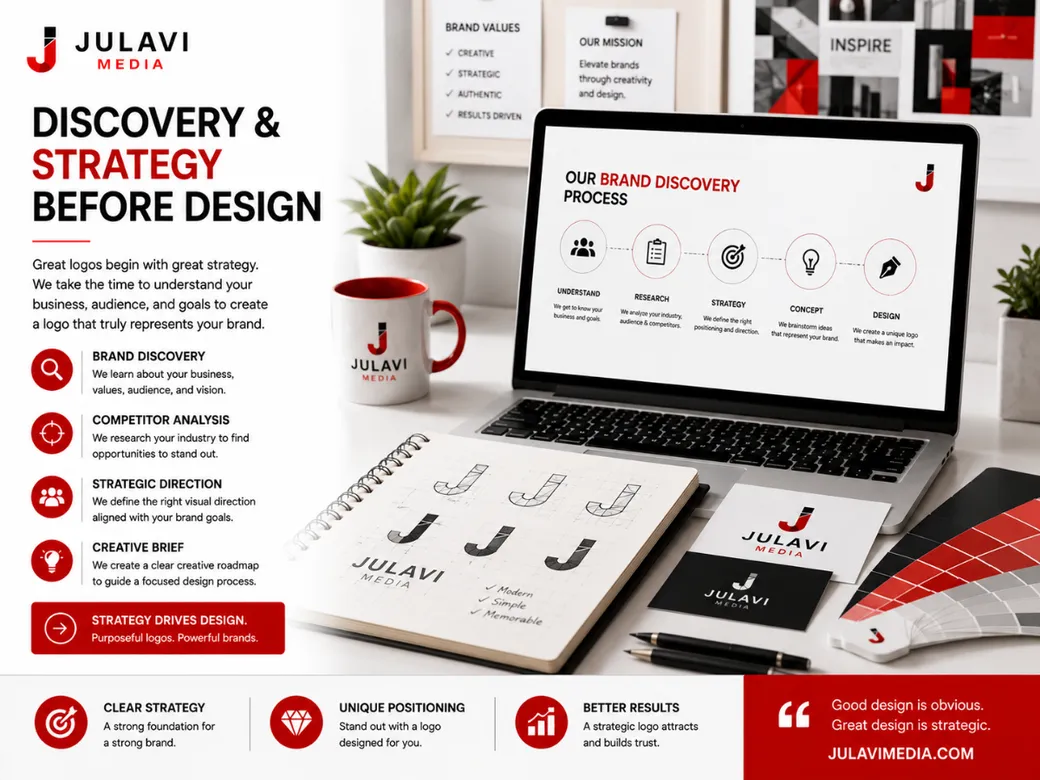 Laptop showing a five-step brand discovery process diagram (understand, research, strategy, concept, design) under the heading 'Discovery and Strategy Before Design', next to hand-drawn J logo sketches