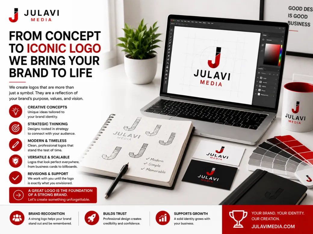 Laptop screen showing a single Julavi Media logo being refined in a design program with a grid overlay and color panel, next to hand-drawn logo sketches and finished business cards