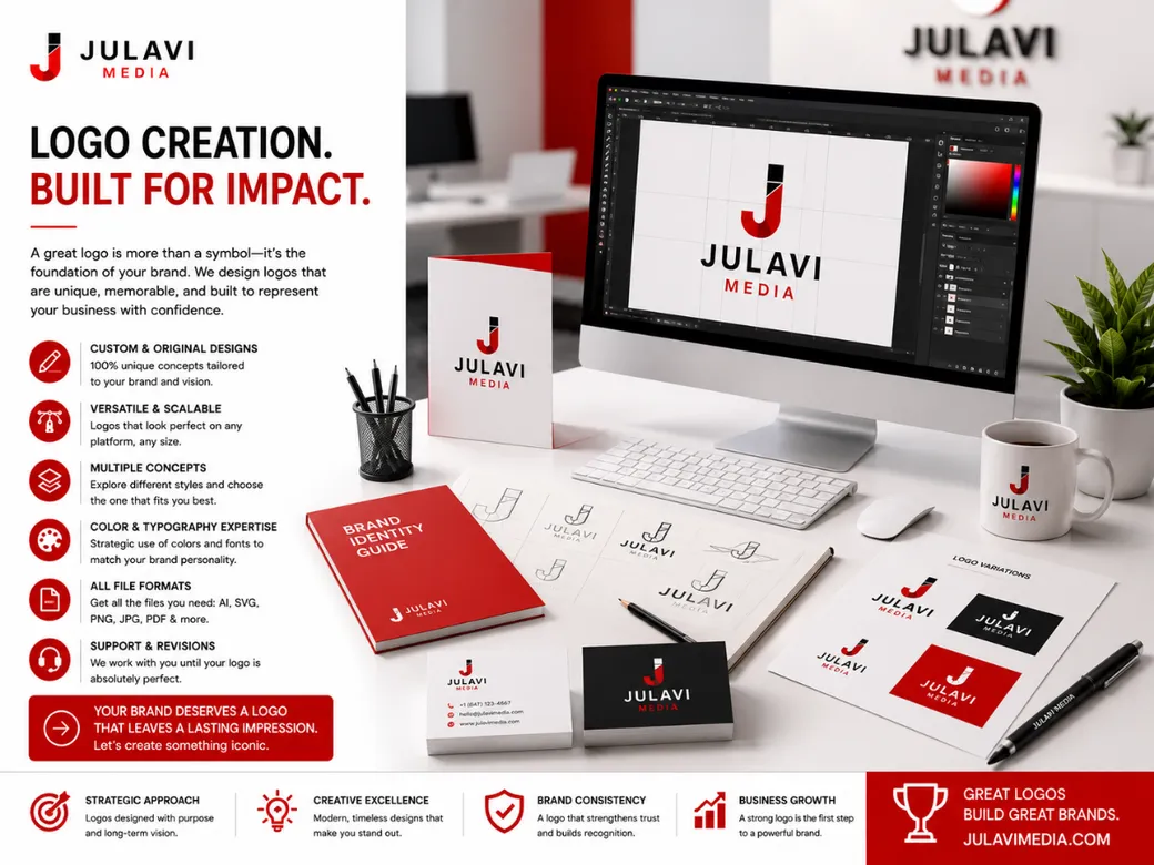 Desk spread showing a Julavi Media brand identity guide book, business cards and a printed sheet labeled Logo Variations with red, black and white logo lockups