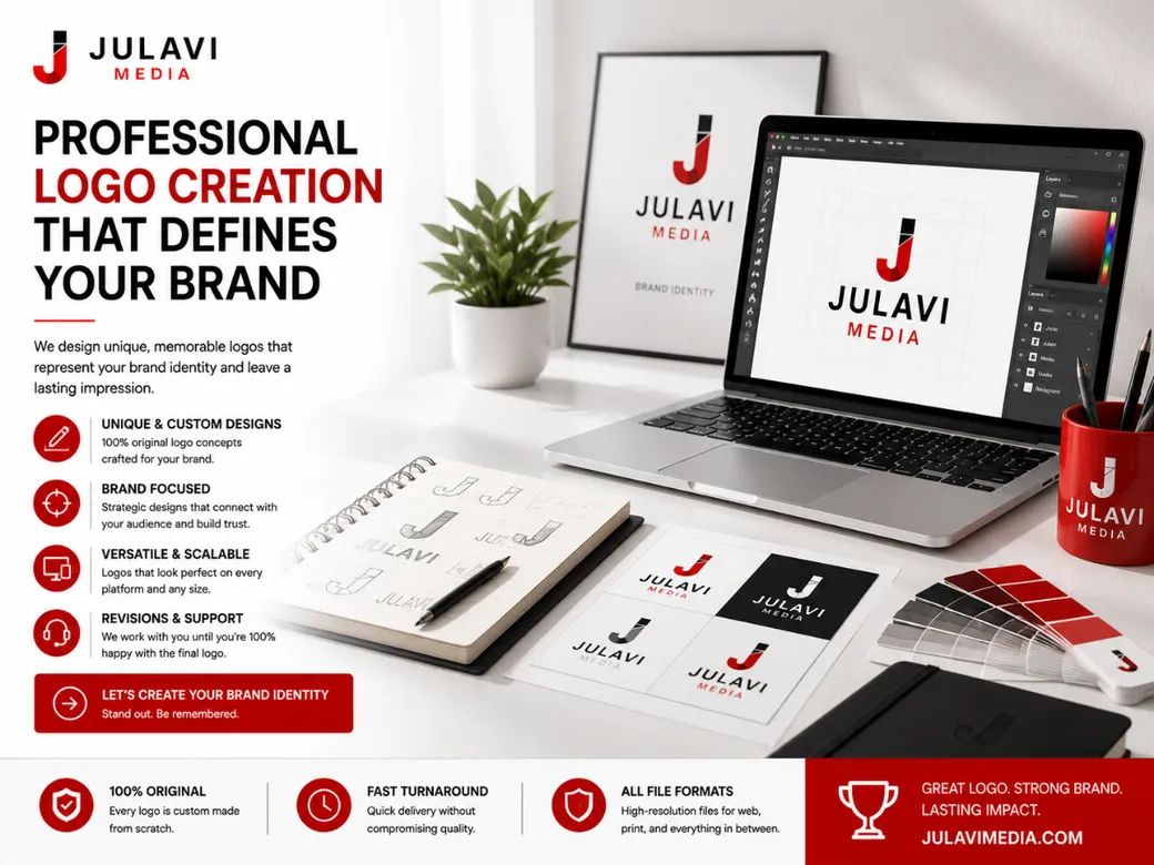 Desktop screen showing 'Professional Logo Creation' with an All File Formats callout for web and print delivery, next to a laptop, business cards, branded mug and color swatches