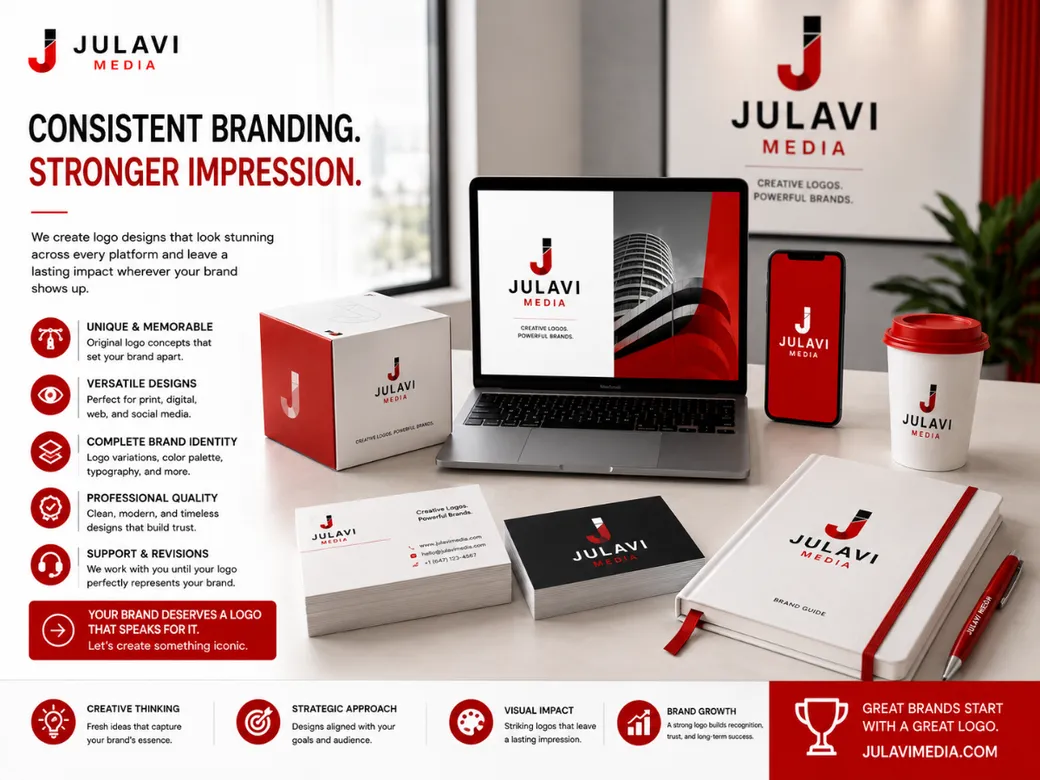 Julavi Media logo applied consistently across a laptop screen, phone case, coffee cup, business cards and an office wall sign, illustrating consistent brand usage