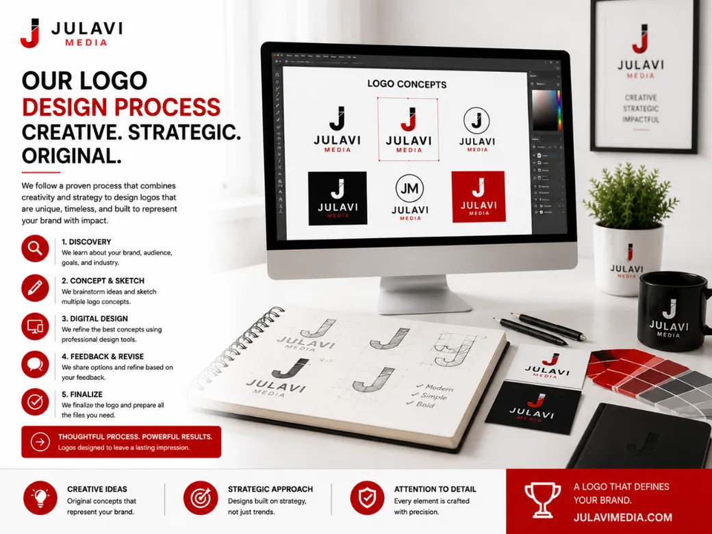 Laptop showing a five-step logo design process (discovery, concept and sketch, digital design, feedback and revise, finalize) under the heading 'Our Logo Design Process', next to concept sketches