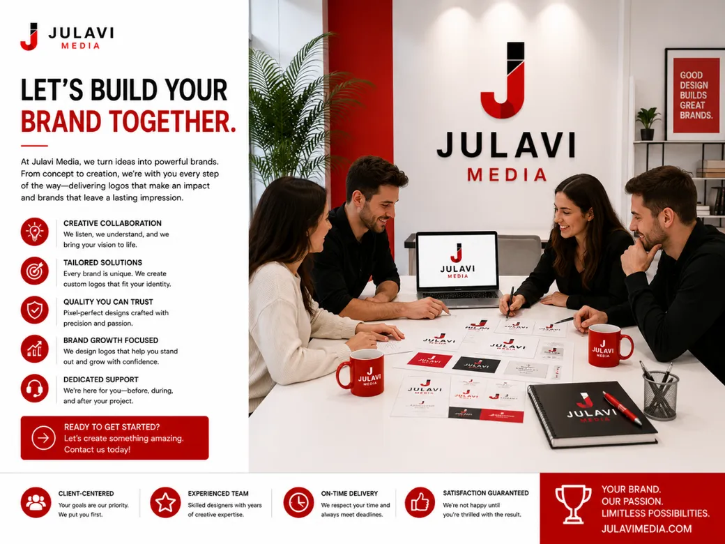 Team of four collaborating around a table covered in Julavi Media business cards and branded mugs, with the red and black J logo mounted large on the office wall behind them