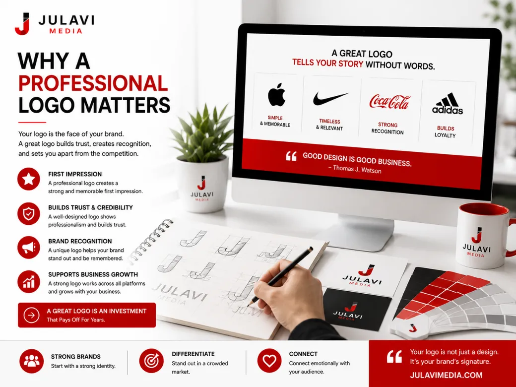 Desktop screen showing Apple, Nike, Coca-Cola and Adidas logos under the heading 'A great logo tells your story without words', next to a designer sketching logo concepts in a notebook