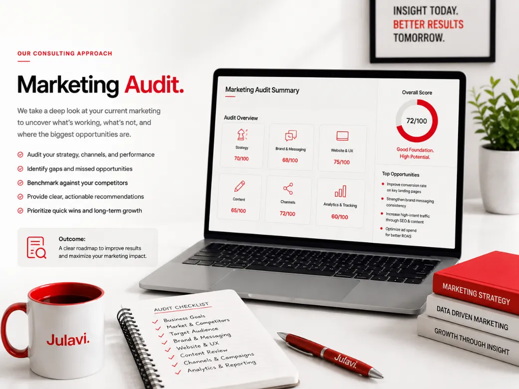 Laptop showing a Marketing Audit Summary with an overall score, audit categories and top opportunities