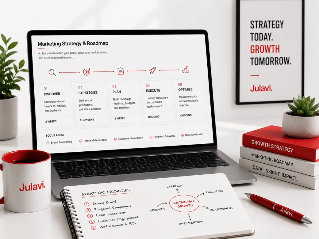 Laptop showing a Marketing Strategy & Roadmap with Discover, Strategize, Plan, Execute and Optimize phases and focus areas