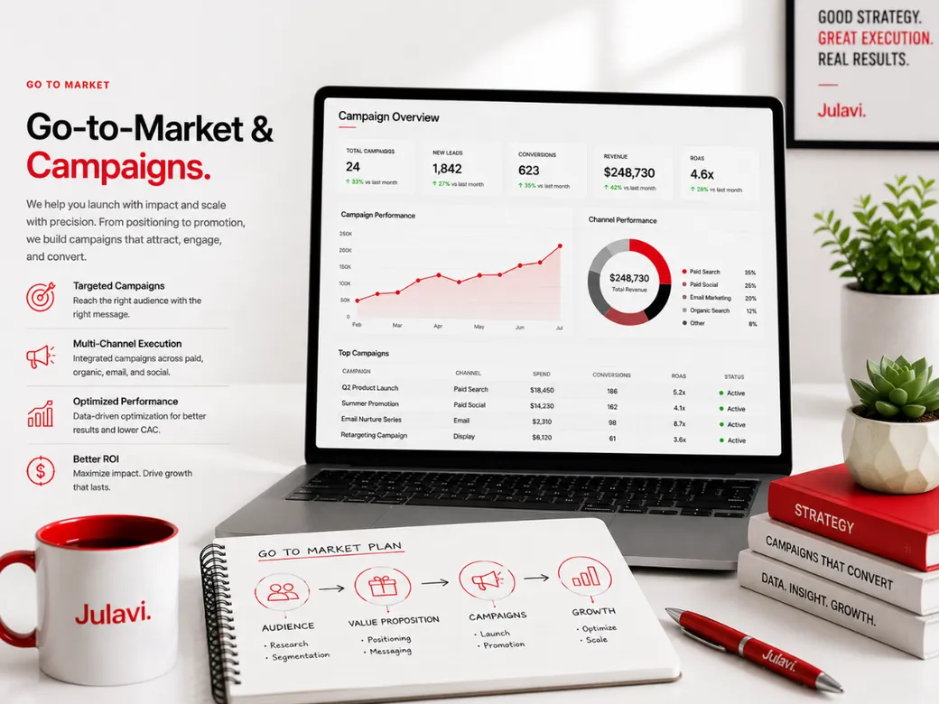 Laptop showing a Go-to-Market & Campaigns dashboard with a campaign funnel and campaign performance metrics